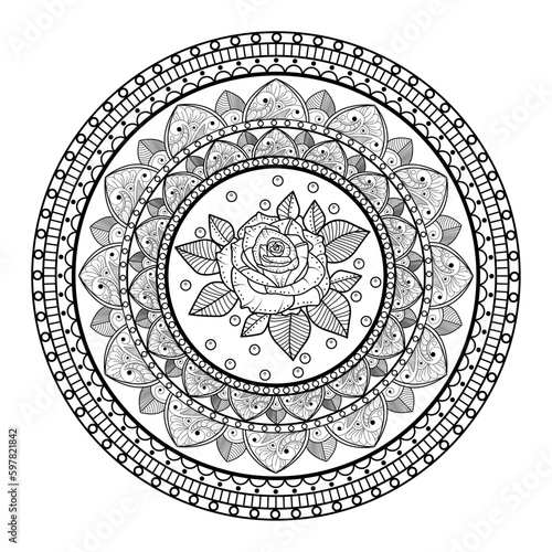 Vector illustration of a mandala with rose for coloring book, Mandala con rosa in bianco e nero da colorare per libro adulti