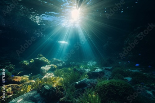 Stunning underwater scenery illuminated by rays of light. Generative AI