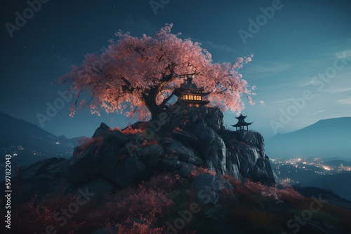 Digital wallpaper of a cyberpunk cherry blossom tree on a cliff with mountains, trending on ArtStation in 4K Ultra graphics. Generative AI