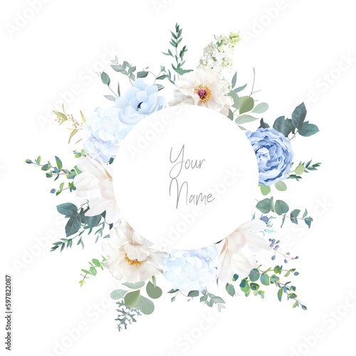 Creamy beige rose, dusty blue ranunculus, magnolia, white hydrangea, peony, eucalyptus, greenery