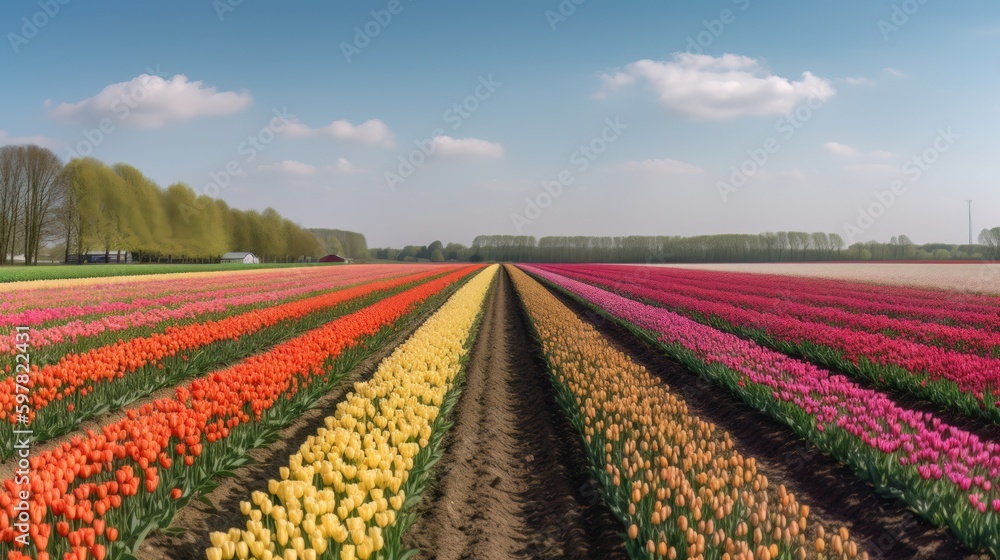 Colorful open field with beautiful tulips. Generative AI