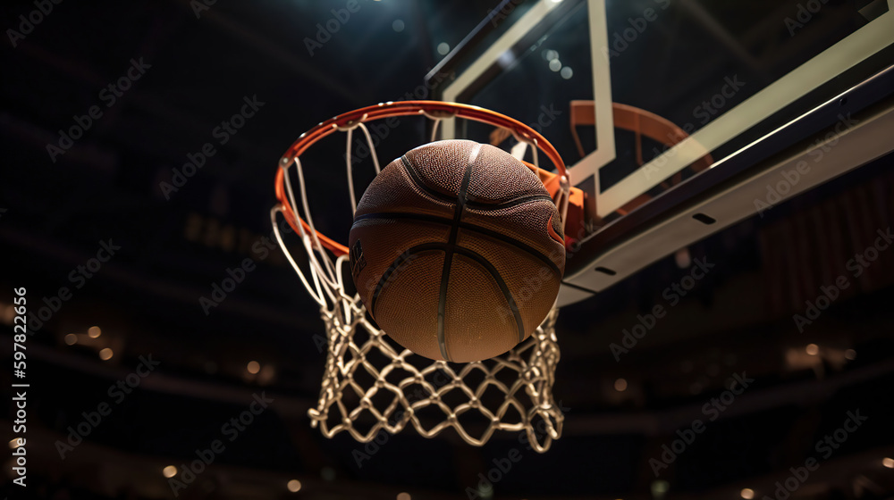 Basketball going through the basket at a sports arena, generative ai Basketball going through the basket at a sports arena, generative ai