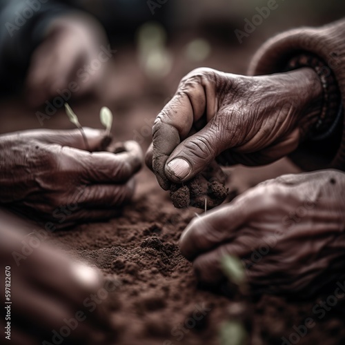 Striking close-up photograph of hands planting seedlings in a community garden, symbolizing the importance of sustainability and eco-social activism. Generative AI