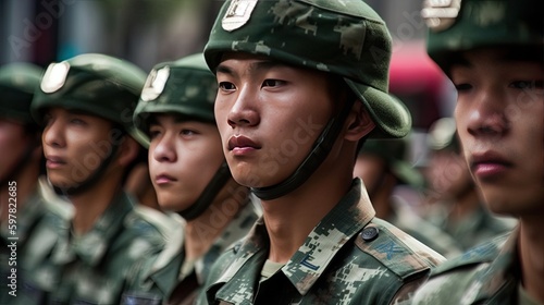 asian, chinese military young soldiers ready for war with Taiwan