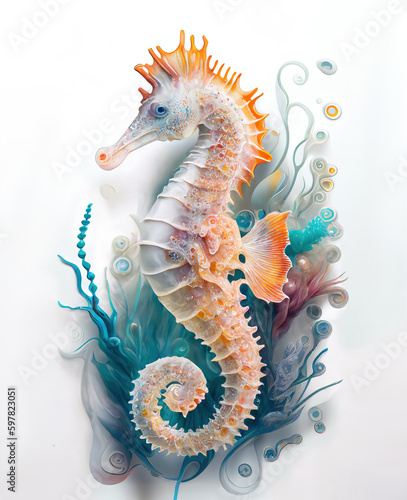 White seahorse among algae. Generative AI