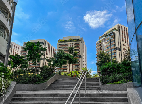 View of steps, green trees ...