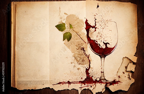 spilling glass of red wine on old paper with torn edges. Generative AI
