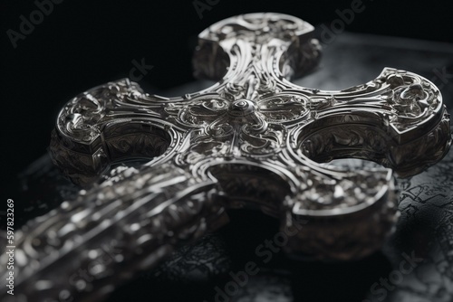A metal engraving depicting a distorted cross. Generative AI
