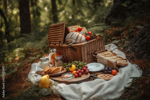 Picnic basket filled with tasty food on a beige blanket in a forest. Generative AI
