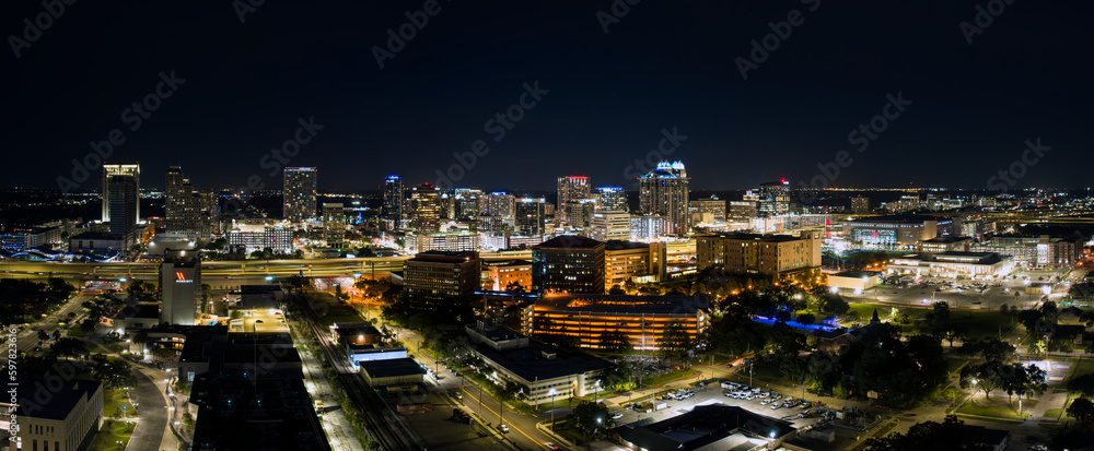 Aerial view of downtown Orlando, Florida city skyline. Lower angle view. USA. April 28, 2023.