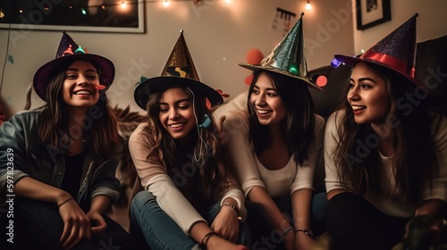 A group of friends celebrating New Year s Eve together, wearing festive hats and accessories. Generative AI