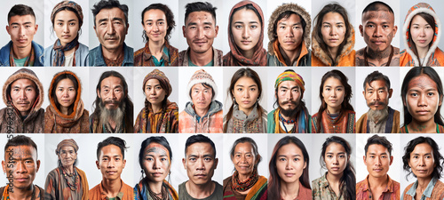 Head shot portraits collage of different Asian indigenous natives. Studio shot background. Generative AI photo