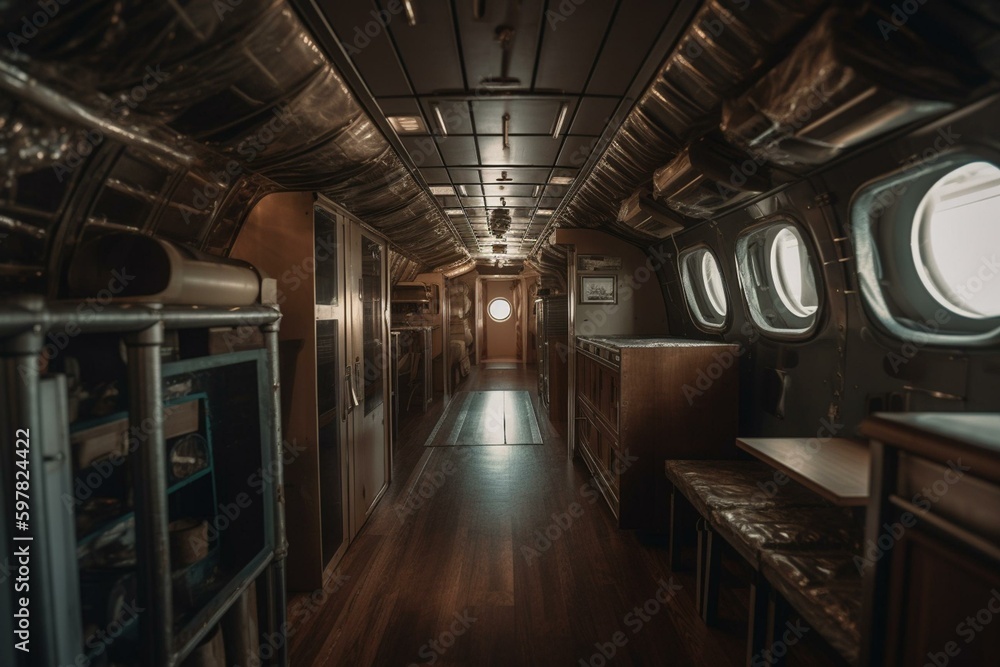 Tour the cozy airplane cabin interior and feel like flying sky-high. Generative AI