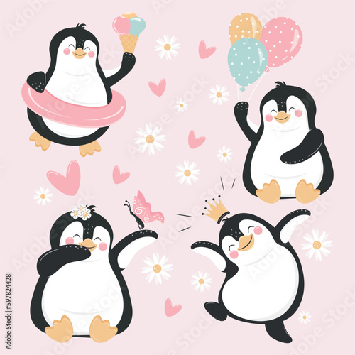A set of cute, funny penguins, vector design.