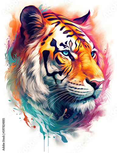 Tiger psychic wave  fire watercolor  colorful  animal  wild life  wall art  digital print. Generative AI