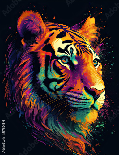 Tiger psychic wave, fire watercolor, colorful, animal, wild life, wall art, digital print. Generative AI © Art for Insomniacs
