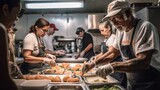 A mid-shot of volunteers serving food at a community kitchen, demonstrating the importance of addressing hunger and food insecurity. Generative AI