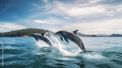 Dolphins jumping out of sea with clear blue water on sunny day, generative ai