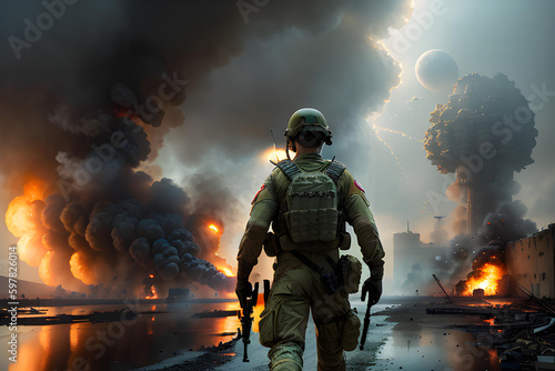 Soldier in war zone, with explosions and burning buildings.