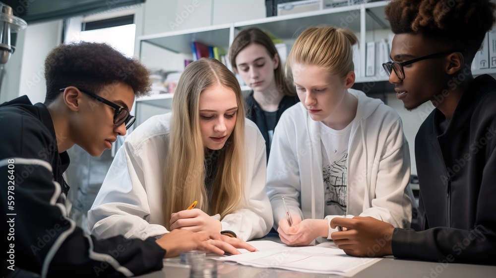 Fototapeta premium A teacher and students discussing the importance of the ozone layer and ways to protect it during a science class. Generative AI