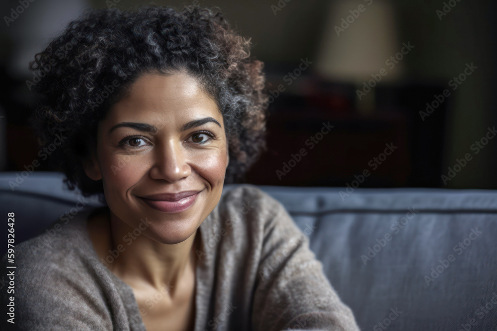 Smiling woman sitting on the sofa at home. Generative AI. Smiling woman sitting on the sofa at home. Generative AI.