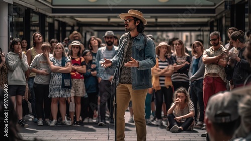 A street performer entertaining a crowd of tourists in a popular tourist destination. Generative AI