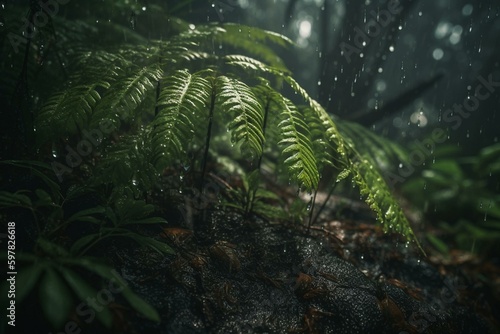 Rain in the forest. Artistic creation. Generative AI