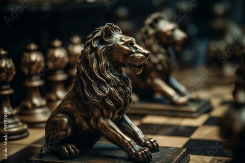Chess pieces symbolize leadership with a lion guiding the team through strategy and influence to conquer competition. Generative AI © Aurelian