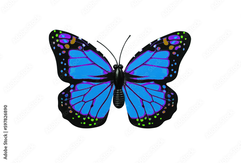 Blue butterfly isolated on transparent background top view. Blue butterfly with multi colored spots as an element for design. Blue butterfly isolated on transparent background top view. Blue butterfly with multi colored spots as an element for design.