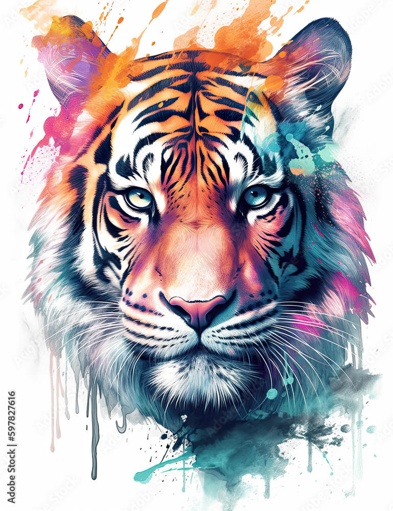 Tiger psychic wave, fire watercolor, colorful, animal, wild life, wall art, digital print. Generative AI