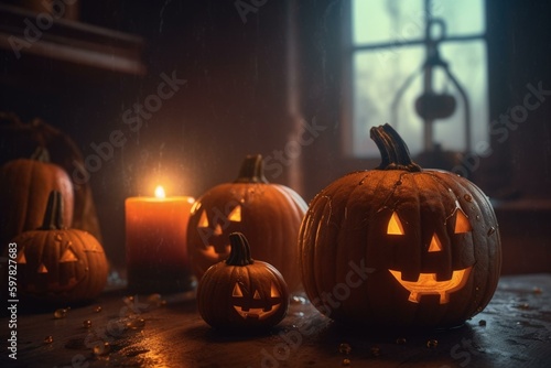 A Halloween scene with 3D pumpkins. Generative AI