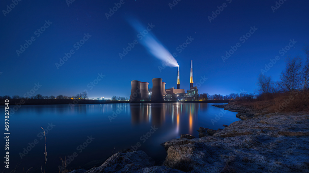 Coal power station and night blue sky, generative ai Coal power station and night blue sky, generative ai