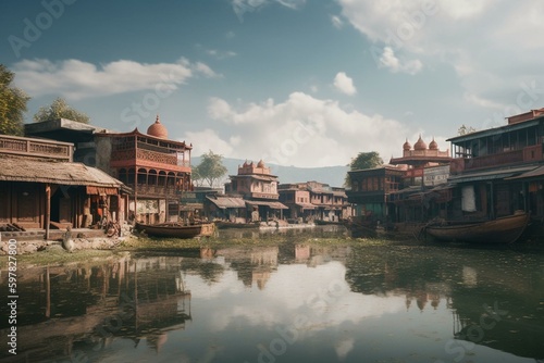 3D cityscape of fictional historic Srinagar, India. Generative AI