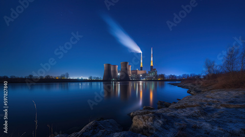 Coal power station and night blue sky, generative ai