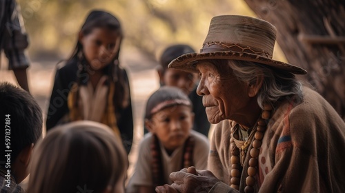 A mid-shot of an indigenous elder sharing traditional stories with younger members of their community. Generative AI photo