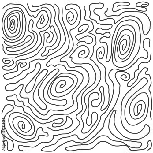 Abstract line drawing, topographic map. Anti stress. Coloring page. Tree texture. Doodle sketch isolated on white background. Vector maze.