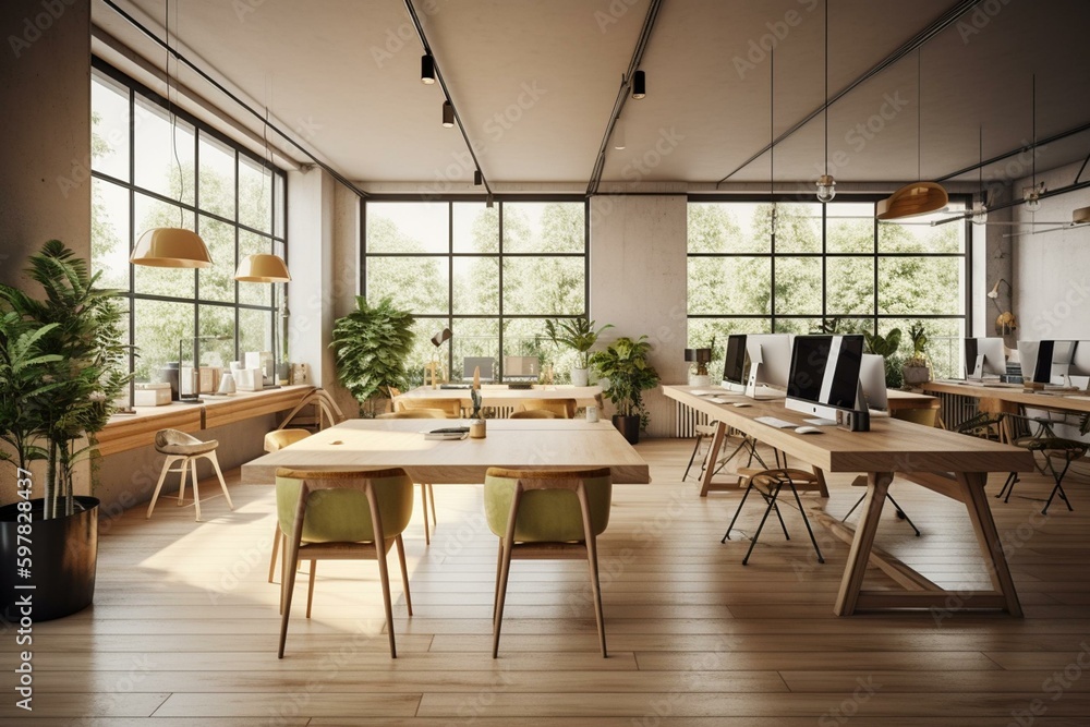 Modern coworking space interior, featuring wood floors, windows, furniture, equipment, and other elements. Rendered in 3D. Generative AI