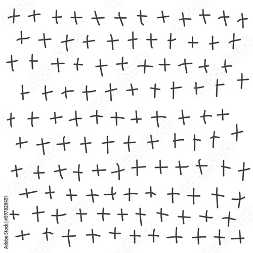 Black plus sign on white background doodle sketch. Vector abstract background drawing.