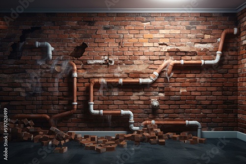 Plumbing renovation using PVC pipes mounted in broken brick wall. 3D illustration. Generative AI