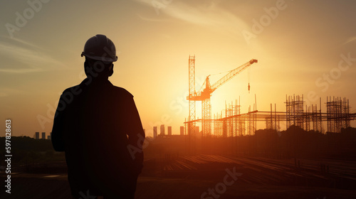 silhouette of a person in the sunset constrution photo