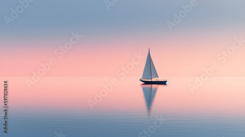 Minimalist sailing background of a sailboat reflecting on the still water. Generative AI.