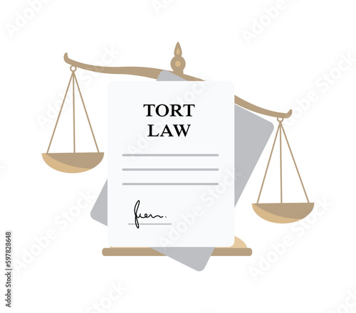 Tort law icon with paper document and scales of justice. Concept of tort law. Vector illustration isolated on white background
