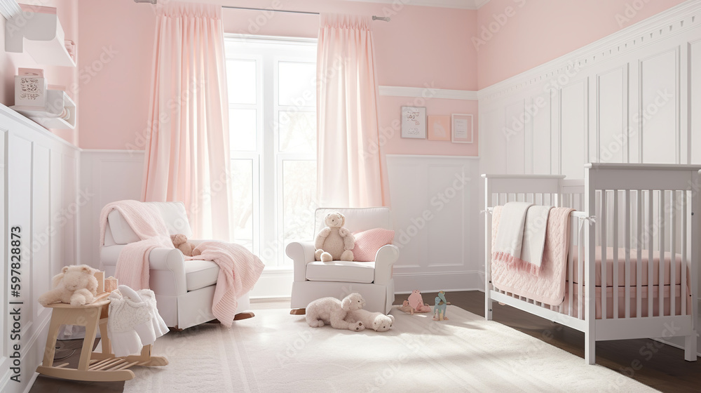 A cute and cozy nursery with light pink walls and white wainscoting, generative ai A cute and cozy nursery with light pink walls and white wainscoting, generative ai