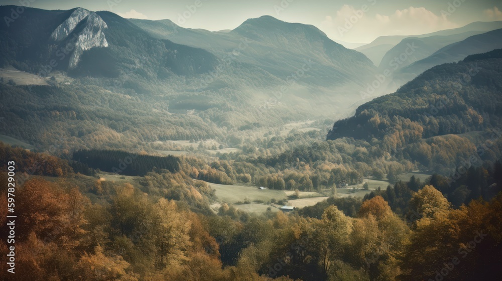 Obraz premium Image of mountain valley with mountains and a forest. Generative AI