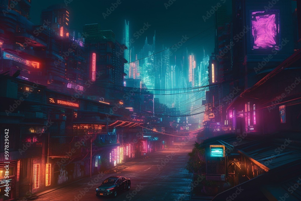 A stunning, high-tech metropolis glowing in neon pinks and blues. Generative AI