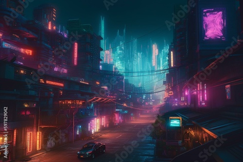 A stunning, high-tech metropolis glowing in neon pinks and blues. Generative AI