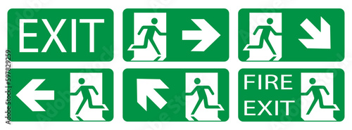 Canvastavla Fire exit sign, vector illustration. Green signs. ESP 10.