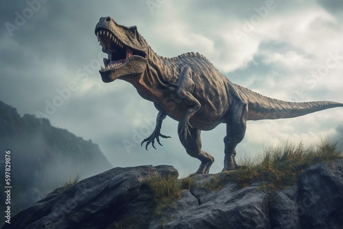 T-Rex on mountain rock. Generative AI © Cedric