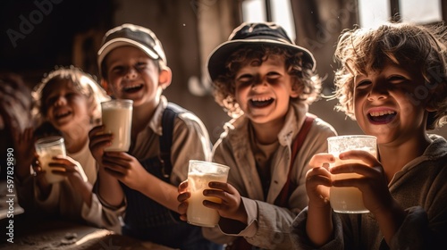 A group of children wearing milk mustaches, laughing and holding glasses of milk to celebrateWorld Milk Day. Generative AI