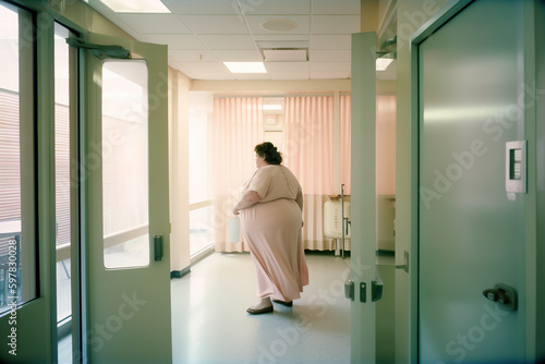 Curvy, plus size, big, chubby woman dressed in pink walking down hospital hallway. AI generative image.